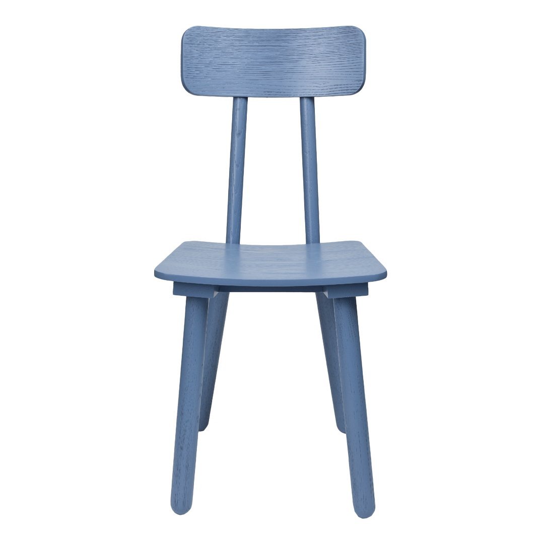 "Light blue wooden chair featuring a simple, modern design with a smooth finish and minimalistic silhouette."