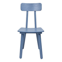 "Light blue wooden chair featuring a simple, modern design with a smooth finish and minimalistic silhouette."