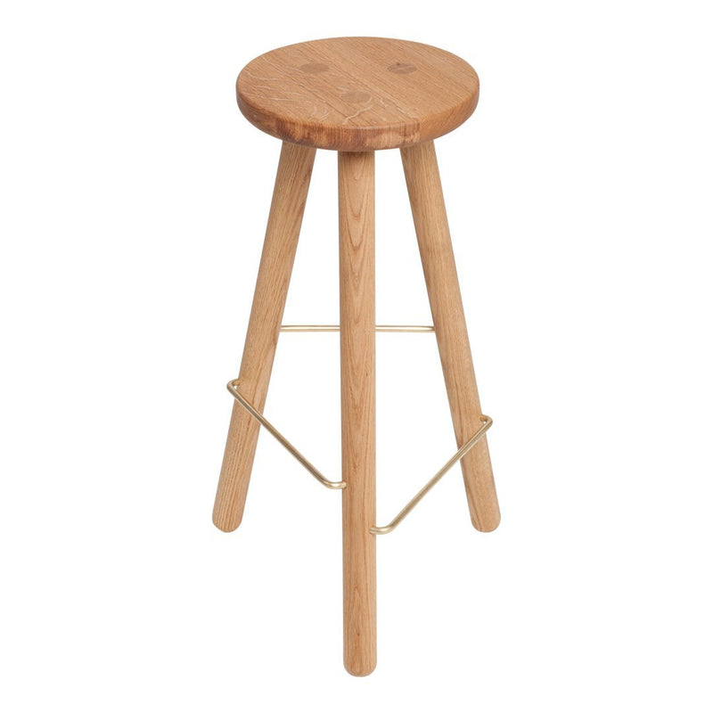 Natural wood bar stool with a smooth, round top and light wooden legs, featuring a minimalist design and subtle grain patterns.