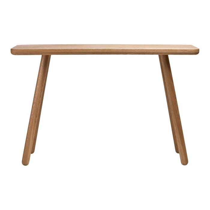 Natural wood console table with a smooth, light oak finish and minimalist design, featuring tapered legs.
