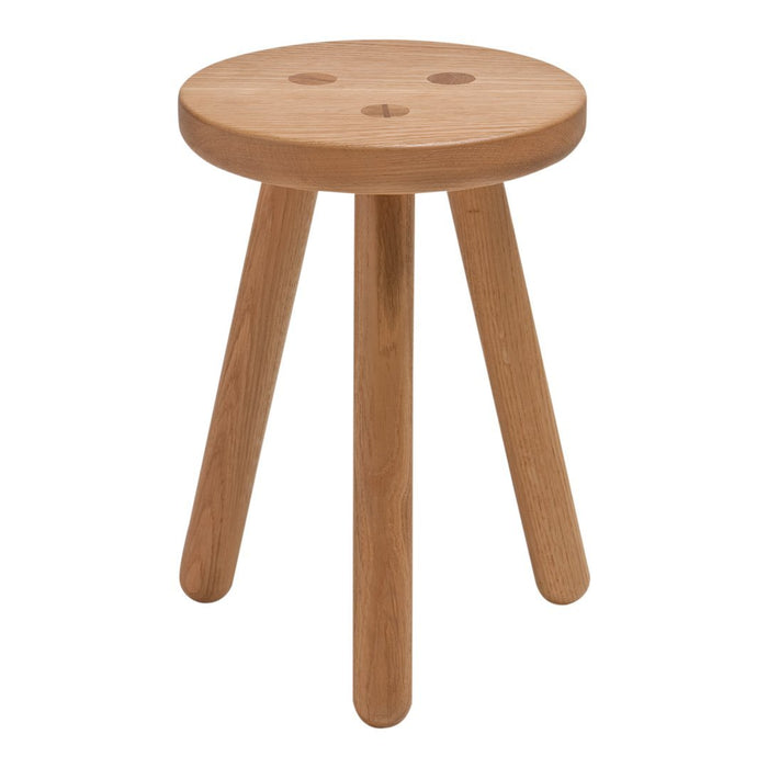 Light brown wooden stool with a round top and three slender legs, featuring a smooth finish and minimalistic design.