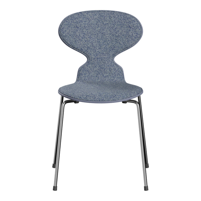 Blue patterned chair with a modern shape, featuring a textured fabric seat and sleek metal legs. Perfect for any space.