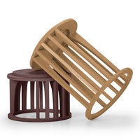 Brown and tan decorative storage containers with slatted designs, adding a modern touch to any space.