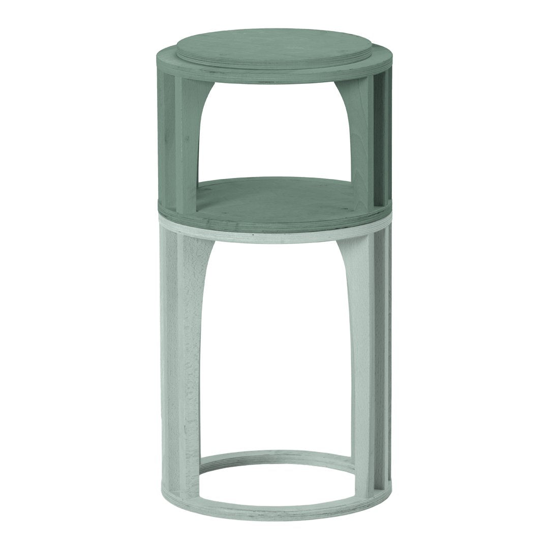 Green and light gray two-tiered side table with a simple geometric design and smooth surfaces.
