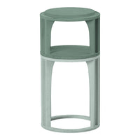 Green and light gray two-tiered side table with a simple geometric design and smooth surfaces.
