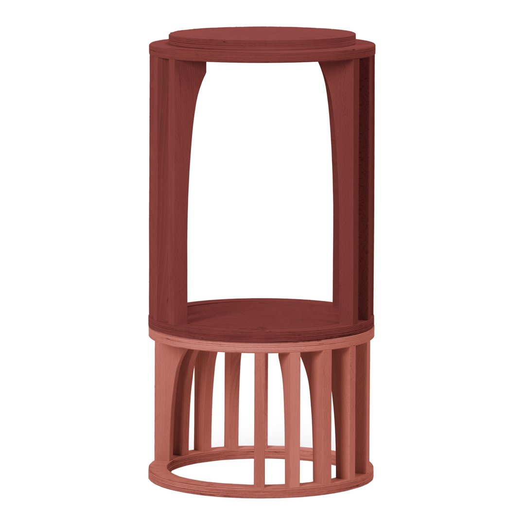 Rust-colored cylindrical stool with vertical slats and a smooth top surface. Modern design ideal for contemporary decor.