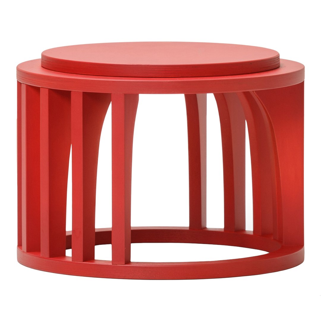 Bright red round coffee table with a modern, geometric open-frame design and circular top. Perfect for adding color to any space.