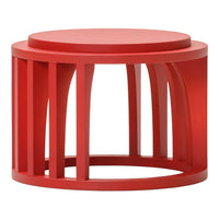 Bright red round coffee table with a modern, geometric open-frame design and circular top. Perfect for adding color to any space.