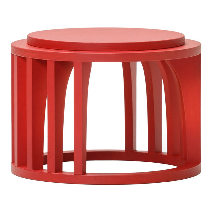 Bright red round coffee table with a modern, geometric open-frame design and circular top. Perfect for adding color to any space.