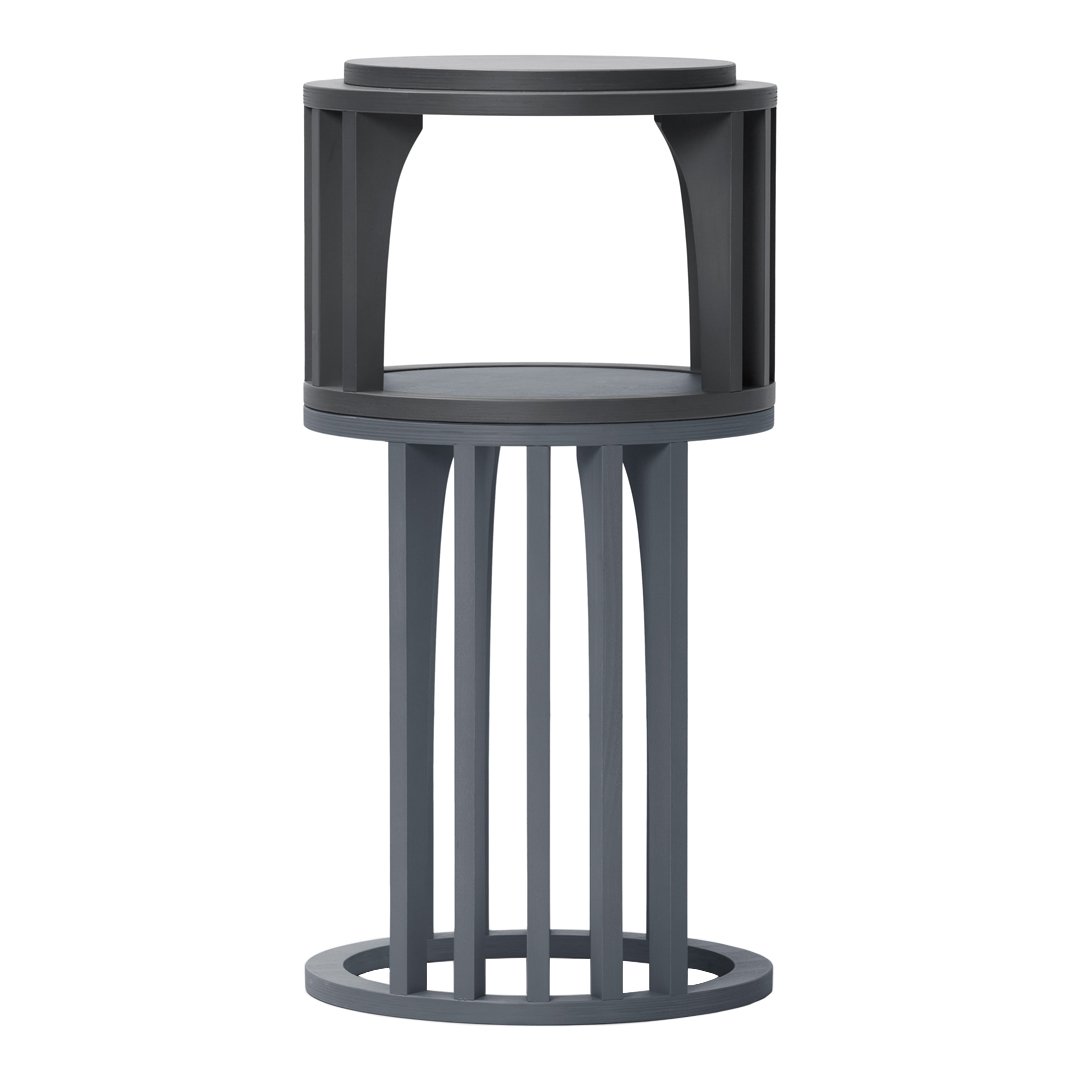 Modern gray side table with a minimalist design and vertical slats, perfect for contemporary interiors.