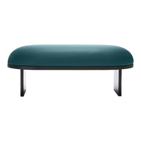 Teal velvet ottoman with a smooth, rounded surface and sleek black legs, showcasing a modern minimalist design.