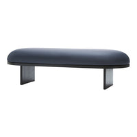 Modern blue upholstered bench with a sleek black base, featuring a smooth, rounded design and minimalist style.