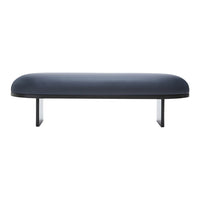 Sleek dark blue bench with a smooth, rounded top and minimalist black metal legs, perfect for modern decor.