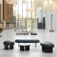 Modern black seating set with smooth curves and minimalistic design, enhanced by a neutral gallery backdrop and soft lighting.