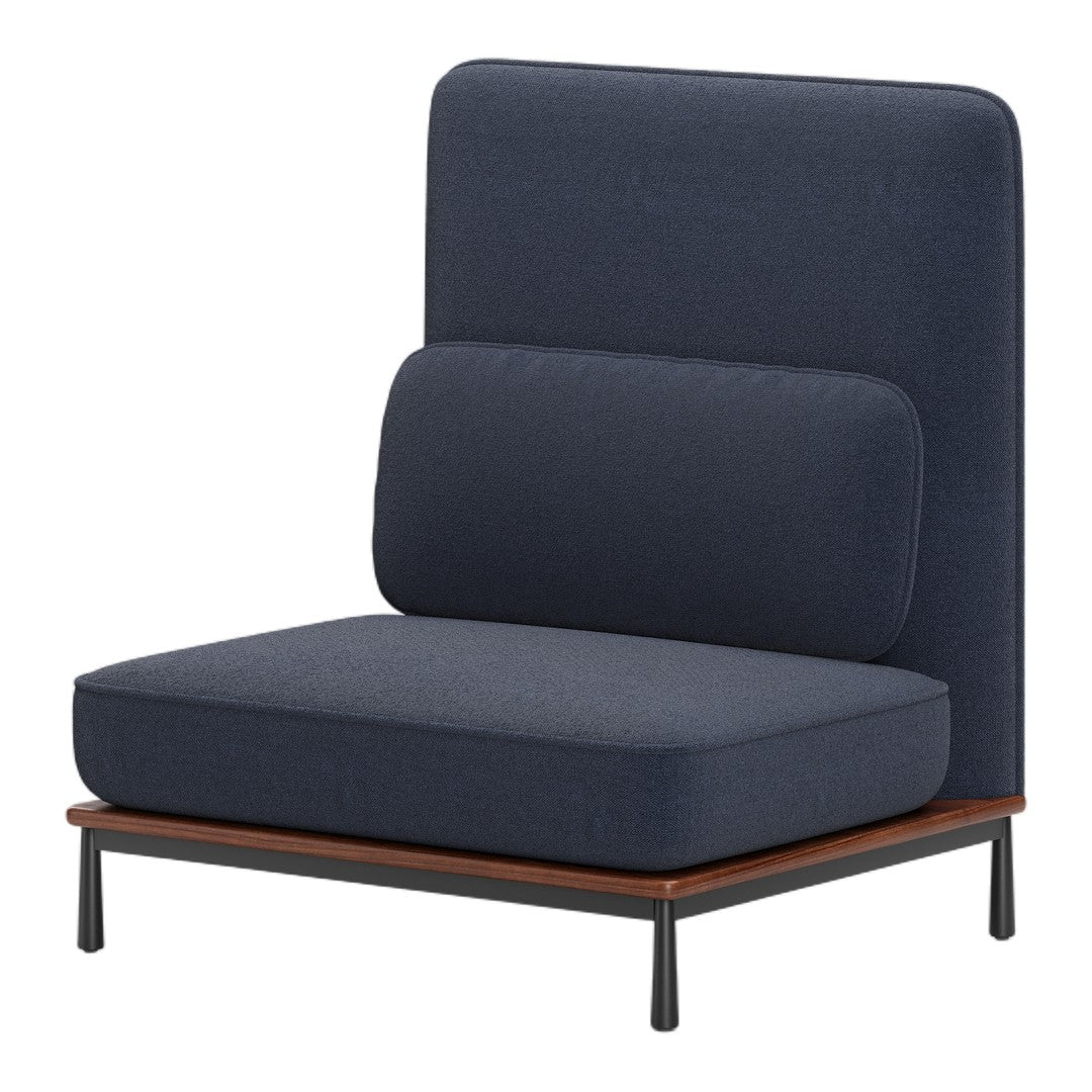 Stylish navy blue chair with a smooth texture and wooden base, featuring minimalistic design and sleek lines.