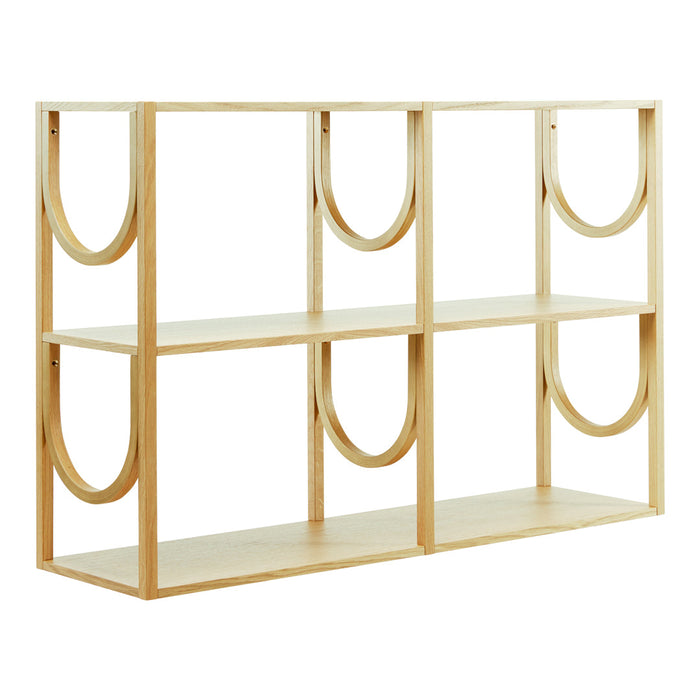 Light wood bookshelf with a sleek design featuring curved patterns and open shelving. Minimal and modern aesthetic.