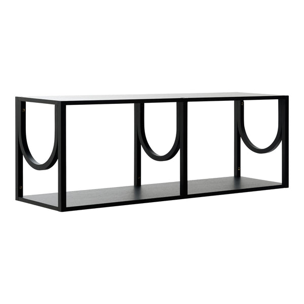 Black console table with sleek lines and curved accents, featuring a modern, minimalist design.