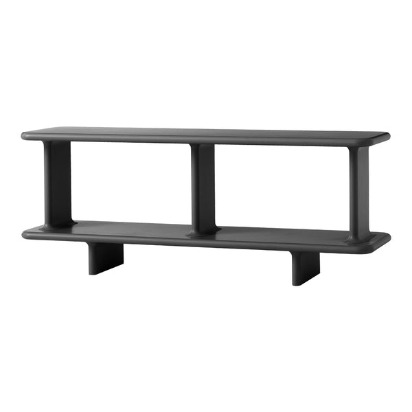 Sleek black two-tier shelf with minimalist design and smooth matte finish, perfect for modern decor.