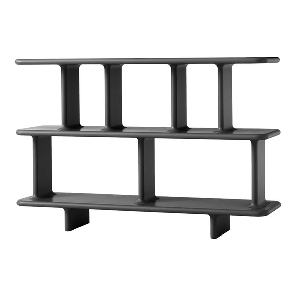 Minimalist black shelving unit with sleek lines and open spaces, ideal for modern decor.