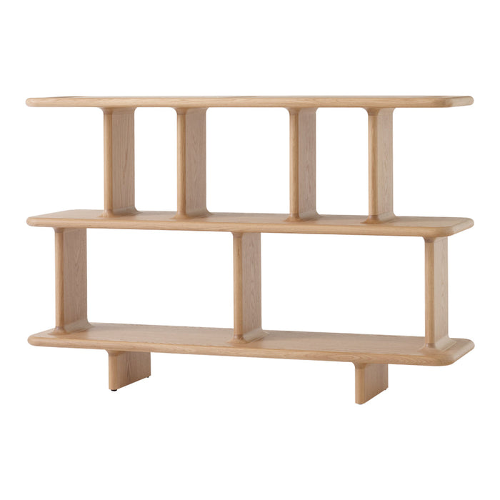 Light wood shelving unit with clean lines, featuring a natural finish and minimalistic design elements.