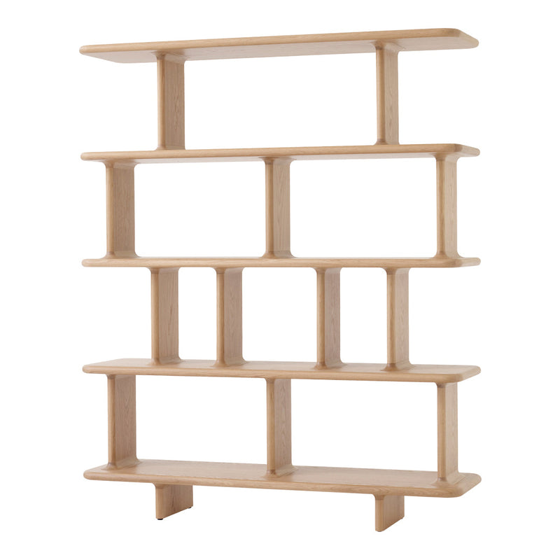 Light natural wood shelving unit with a modern, geometric pattern and multiple open compartments.