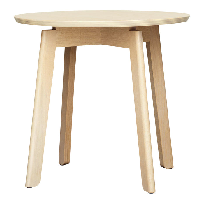 Light natural wood round table with simple, modern design and smooth finish. Ideal for contemporary spaces.