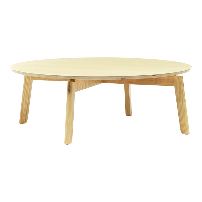 Round light wood coffee table with natural finish and simple leg design, perfect for modern interiors.