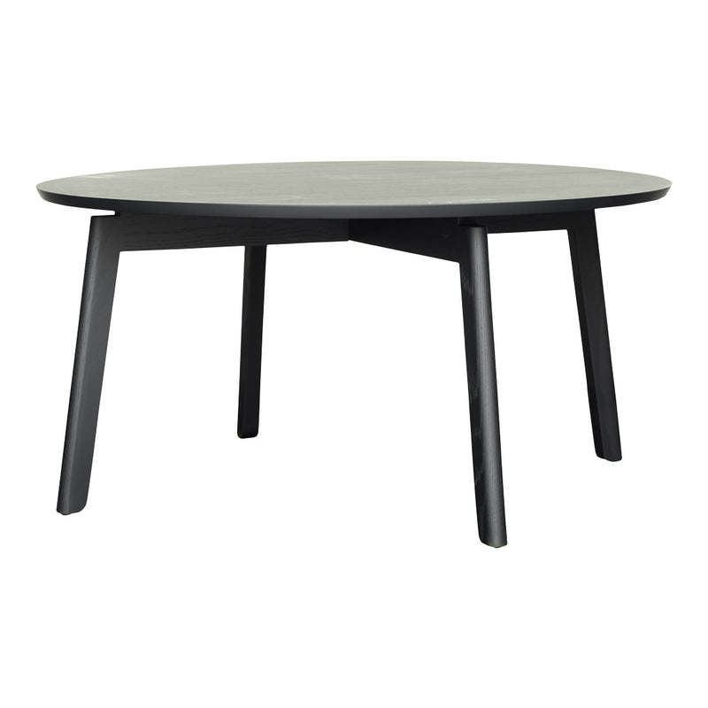 Round coffee table with a sleek gray top and contrasting black legs, offering a modern and minimalist design.