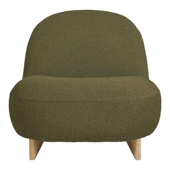 Olive green textured upholstery with a smooth, rounded shape and light wood legs, creating a modern look.