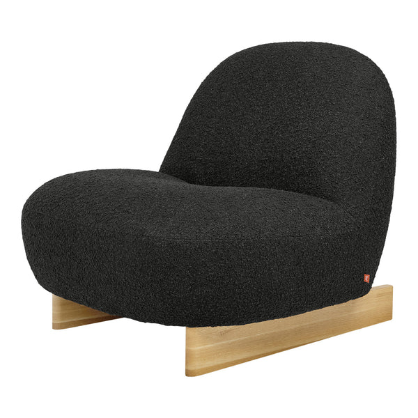 Black textured lounge chair with a smooth wooden base, featuring a modern, minimalist design.