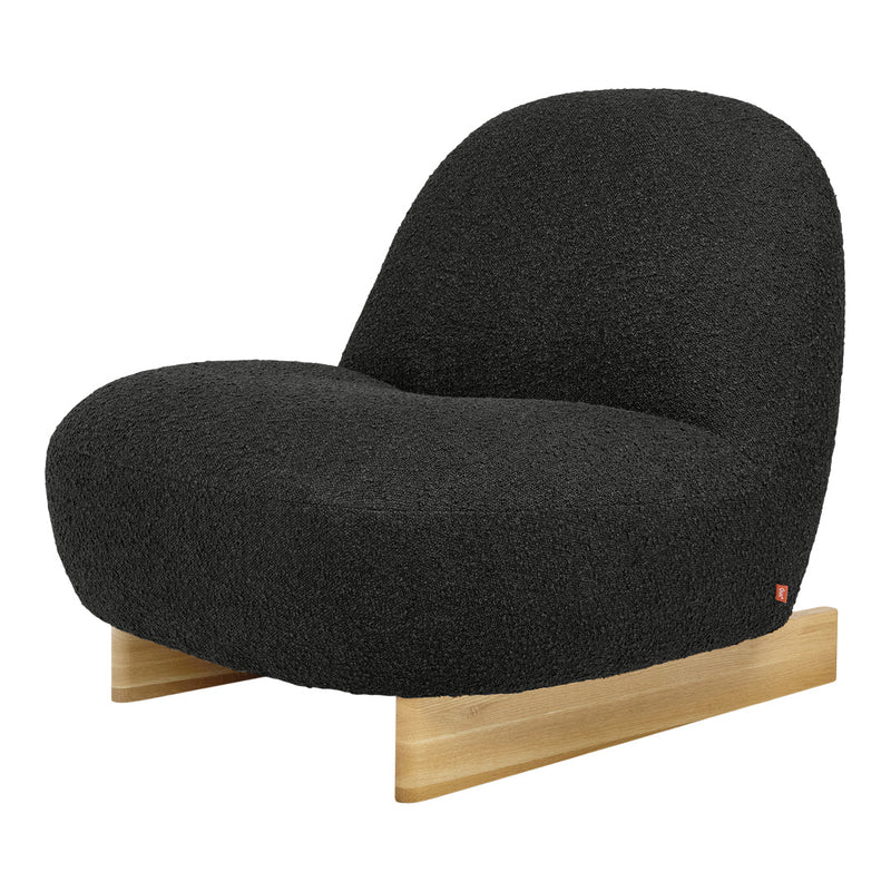 Black textured lounge chair with a smooth wooden base, featuring a modern, minimalist design.