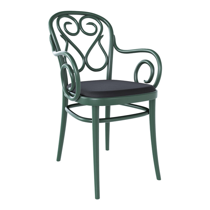 Elegant green chair with ornate scrollwork and a sleek black seat, perfect for adding style to any space.