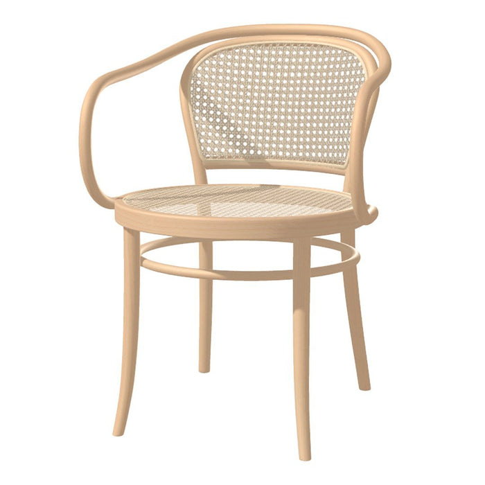 Light beige chair with woven cane backrest and natural wood finish, featuring a minimalist design and soft curves.