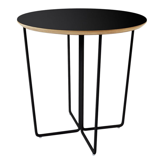 Black round top with natural wood edge on sleek black metal legs, featuring a modern and minimalist design.