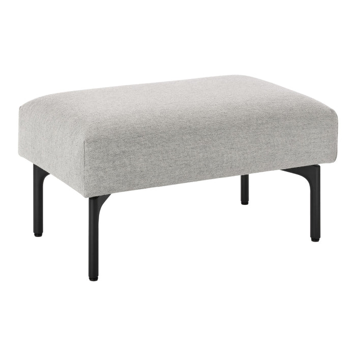 Grey upholstered ottoman with a smooth texture and sleek black legs, perfect for modern decor.