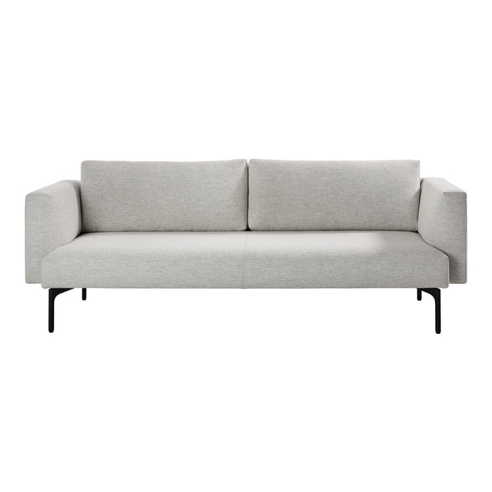 Light gray modern sofa with a minimalist design and smooth fabric texture, featuring sleek black metal legs.
