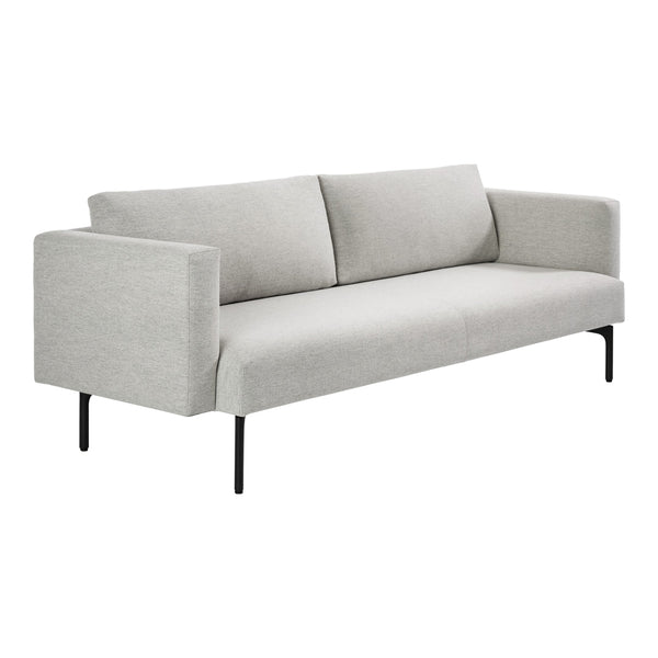Light gray fabric sofa with minimalistic design and solid black metal legs, perfect for modern decor.