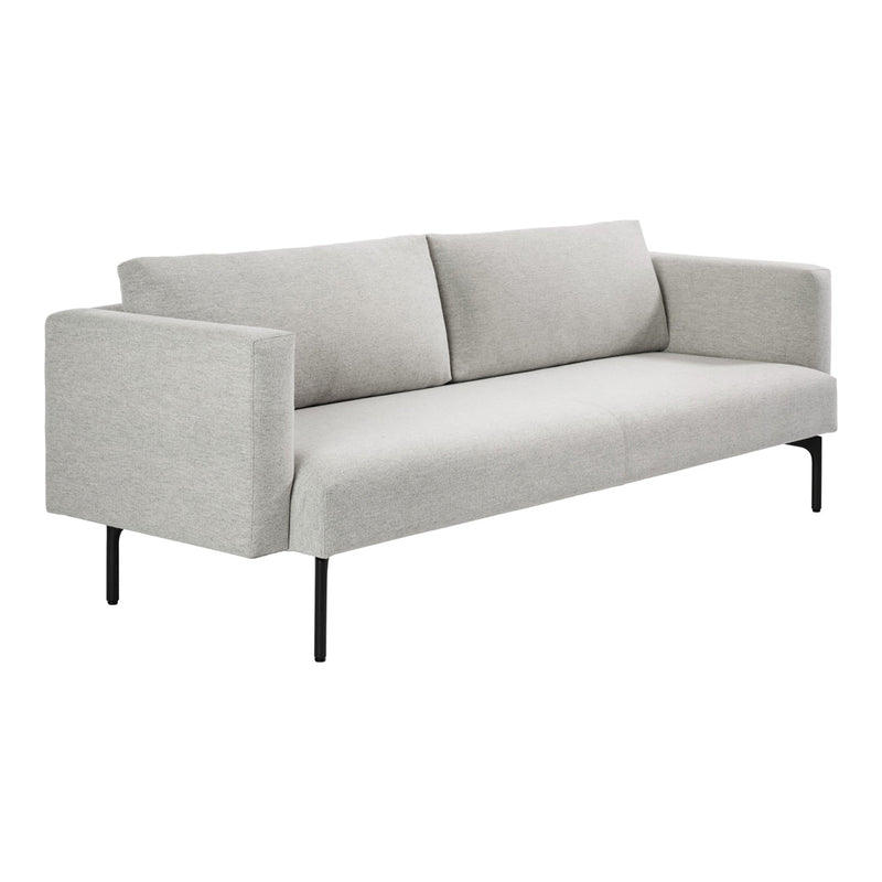 Light gray fabric sofa with minimalistic design and solid black metal legs, perfect for modern decor.