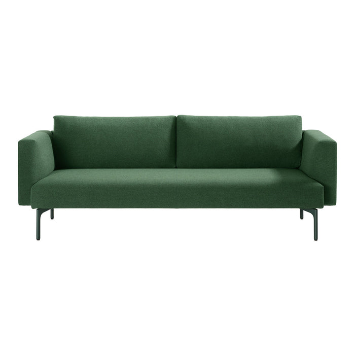 Green upholstery sofa with a minimalist design and sleek black metal legs, perfect for modern decor.