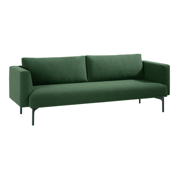 Modern green sofa with a sleek design and minimalist black metal legs, perfect for contemporary decor.