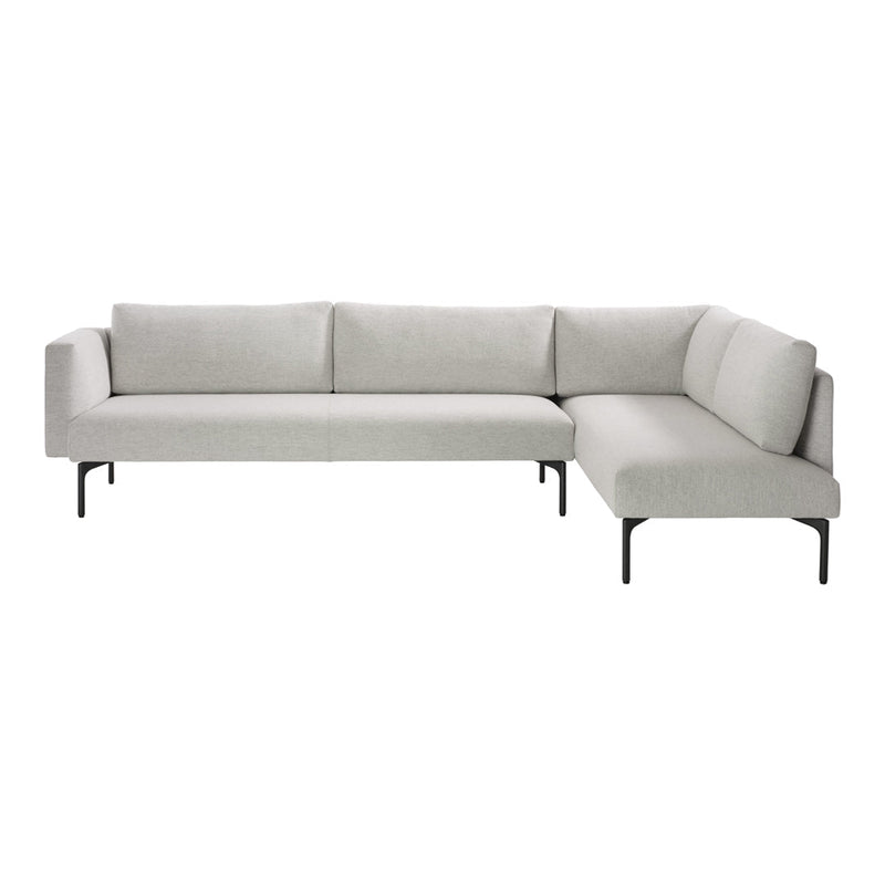 Modern light gray sectional sofa with sleek lines and minimalistic design, featuring a soft fabric finish.