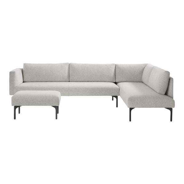 Light grey sectional sofa with a modern design and clean lines, featuring sleek black metal legs.