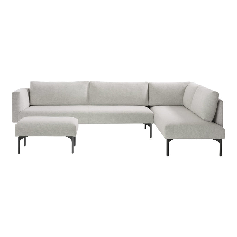 Light grey sectional sofa with a modern design and clean lines, featuring sleek black metal legs.