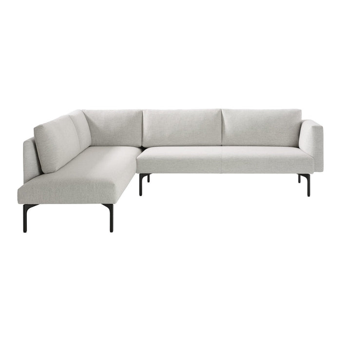 Light grey sectional sofa with a minimalist design and sleek black metal legs, perfect for modern interiors.