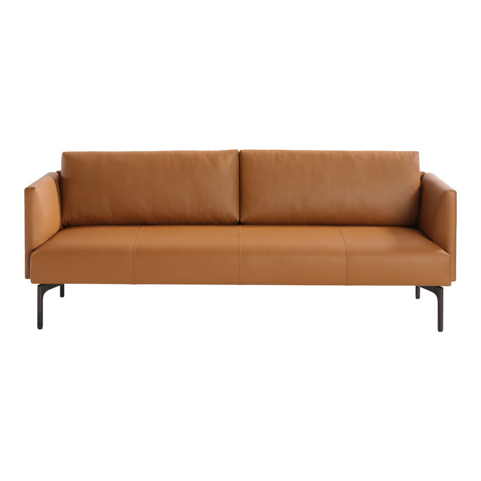 Tan leather sofa with clean lines and black metal legs, perfect for modern décor.