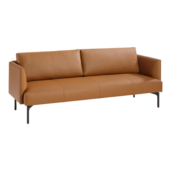 Tan leather sofa with smooth upholstery and sleek black metal legs. Minimalist design with clean lines and modern aesthetic.