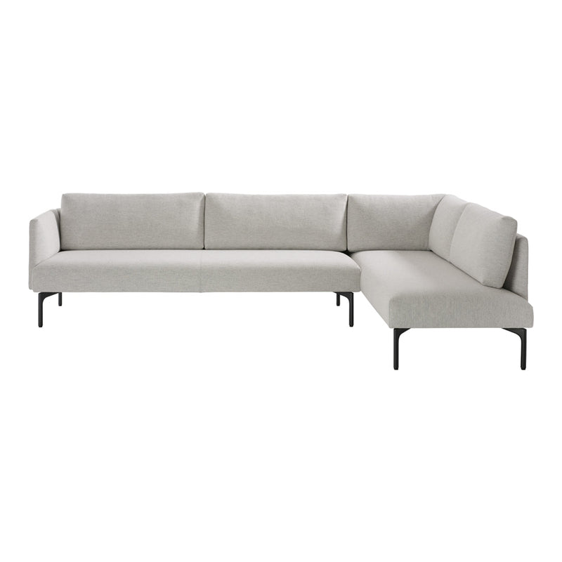 Light gray sectional sofa with a clean, modern design and subtle texture, featuring black metal legs.