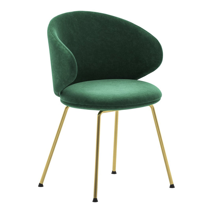 Velvet green dining chair with gold metal legs and a modern curved design. Perfect for stylish interiors.