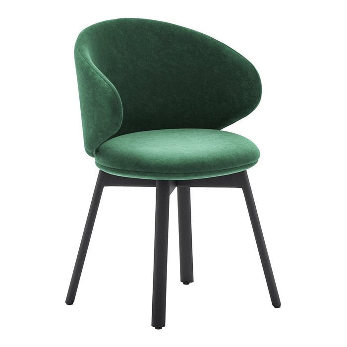 Green velvet chair with a modern curved design and black wooden legs, perfect for stylish interiors.