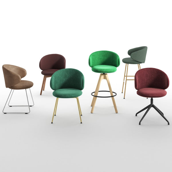 Colorful modern chairs in green, burgundy, brown, and grey with various patterns and leg styles.